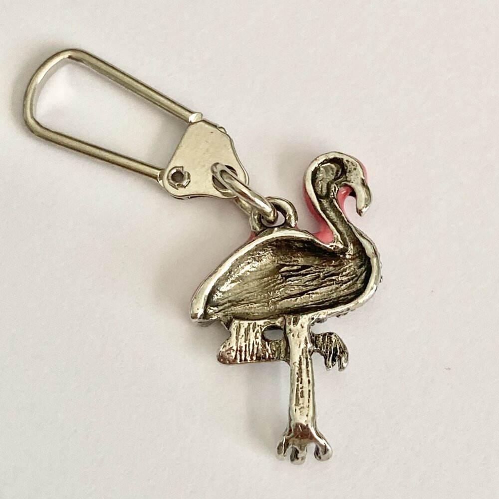 Pink Flamingo Bird Zipper Pull Clip On Purse Charm Backpack Silver Plated Island - Picture 6 of 9